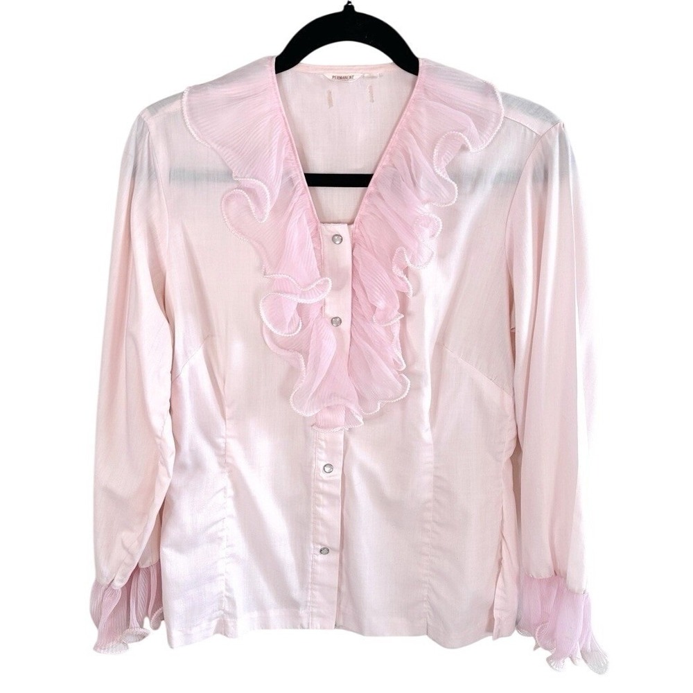 VTG 70s Pink Ruffle Blouse Pearl Trim Plisse Victorian Regency Romance Coquette
